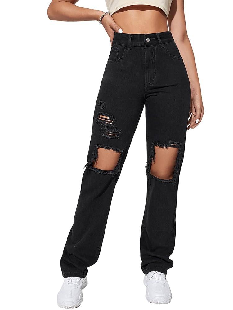 SweatyRocks Women's Casual Loose Ripped Denim Pants